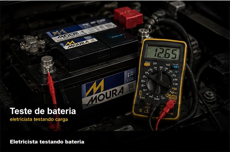 Eletricista testando bateria automotiva